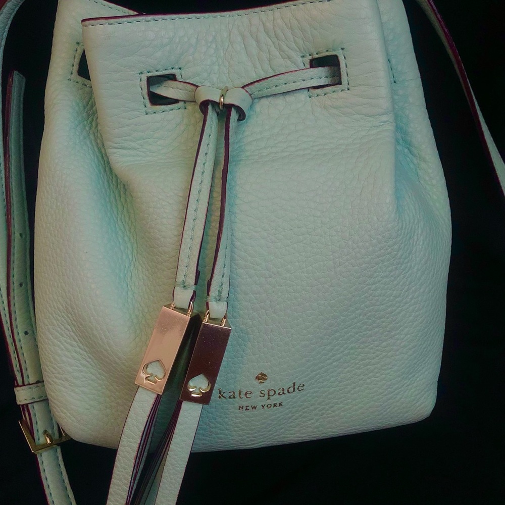 Kate Spade blue leather tassel bucket crossbody